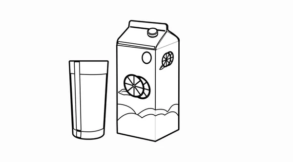 果汁盒图解 一个装有一杯果汁的橙汁盒的可编辑黑白图解的向量 — 图库矢量图片