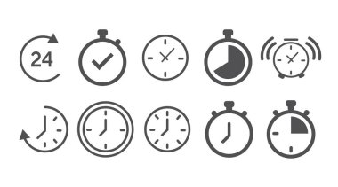 İzole edilmiş zaman ve saat çizgisi simgeleri. Vektör doğrusal simgelerinin kümesi.