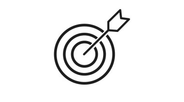 Merkezi vuran bir okla hedefin, hedefleri, başarıyı, hassasiyeti, stratejiyi ve başarıyı sembolize eden temiz siyah ve beyaz vektör simgesi. Bu minimalist, ölçeklenebilir tasarım iş sunumları ve pazarlama malzemeleri için mükemmeldir.