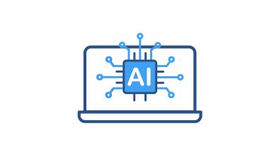 Yapay zeka harfleri ve devre bağlantıları olan bir dizüstü bilgisayarın duoton mavi simgesi. Yapay zeka hesaplamasını, makine öğrenmesini ve dijital teknolojiyi temsil eden modern vektör illüstrasyonu. Uygulamalar, SaaS platformları, web arayüzleri için ideal