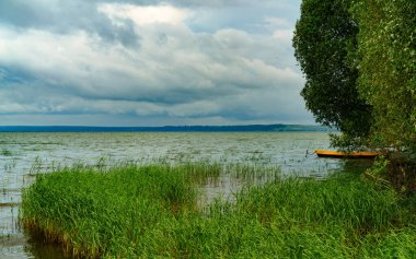 Bir gölü olan yaz manzarası.