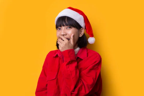 Portrait Beautiful Asian Women Wear Santa Christmas Hat Smile Feeling — Stock Photo, Image