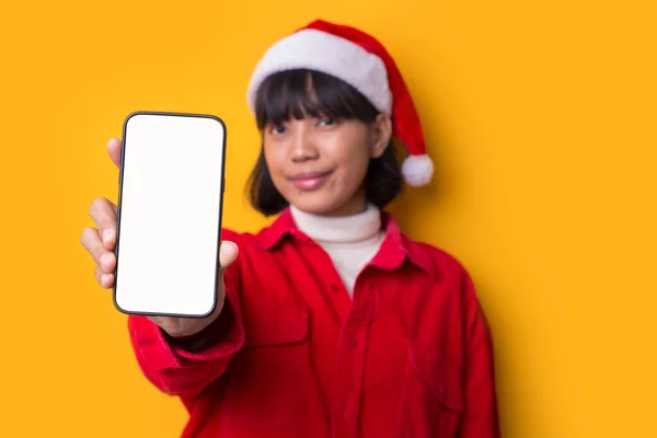 Retrato Hermoso Asiático Mujeres Desgaste Santa Navidad Sombrero Con Teléfono —  Fotos de Stock