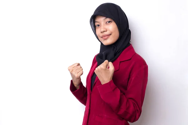 Asiatin Hijab Feiert Glücklich Und Aufgeregt Den Sieg Und Drückt — Stockfoto