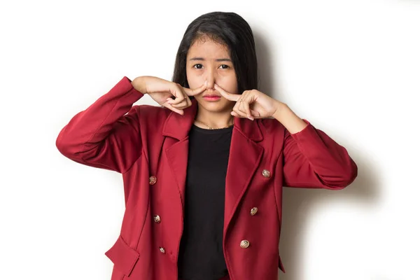 Asijské Obchod Žena Držící Nos Protože Špatný Zápach — Stock fotografie