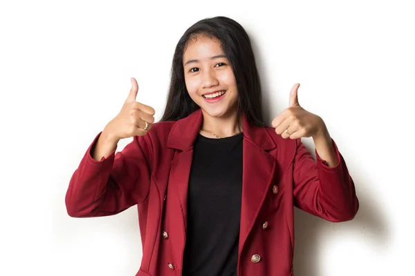 Joven Mujer Asiática Sonriendo Haciendo Signo Con Gesto Mano —  Fotos de Stock