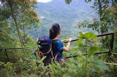 Sırt çantalı genç Asyalı kadın dağa tırmanıyor 