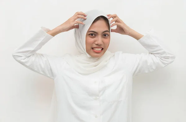 Closeup Portrait Asian Muslim Young Woman Scratching Head Hand — Stock Photo, Image