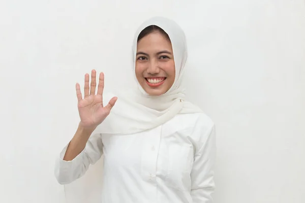 Happy Asian Business Woman Hijab Say Hello — Stock Photo, Image