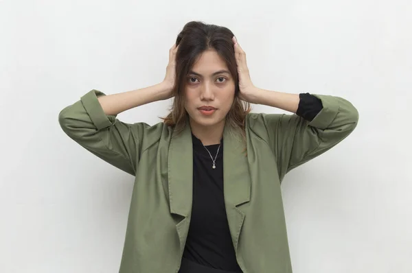 Asian Woman Covering Her Ears White Background — Stock Photo, Image