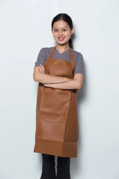 Asiatico Donna Barista Cameriera Utilizzando Indossare Grembiule — Foto Stock