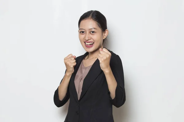 Mujer Negocios Asiática Feliz Emocionada Celebrando Victoria Expresando Gran Éxito —  Fotos de Stock