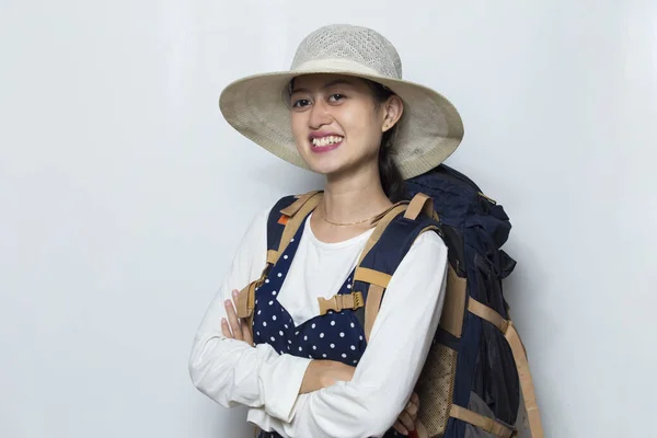 Asijské Žena Turista Izolovaný Bílý Pozadí — Stock fotografie