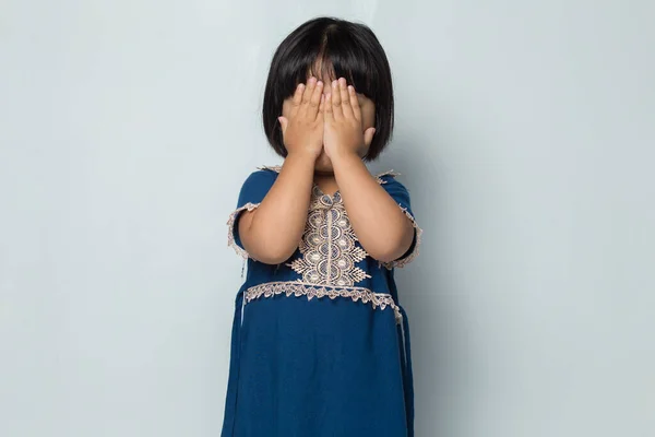 Afraid Asian Little Girl Covers Her Face Her Hands White — Stock Photo, Image