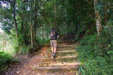 Sırt çantalı bir adam dağlarda tek başına seyahat ediyor.