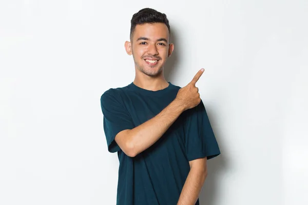 Young Handsome Man Pointing Finger Empty Space Isolated White Background — Stock Photo, Image