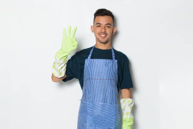 Temizlikçi Başparmak Yukarı Gösteriyor Beyaz Arkaplan Üzerinde İmza