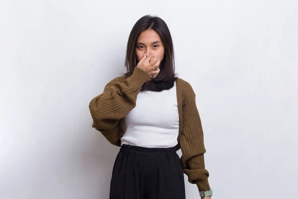 Young Asian Beautiful Woman Holding Her Nose Because Bad Smelling — Stock Photo, Image