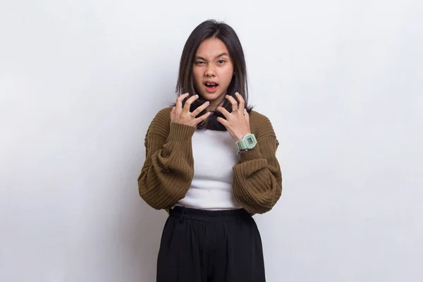 Joven Asiático Hermosa Mujer Enojado Emocional Gritando Gritando Blanco Fondo —  Fotos de Stock