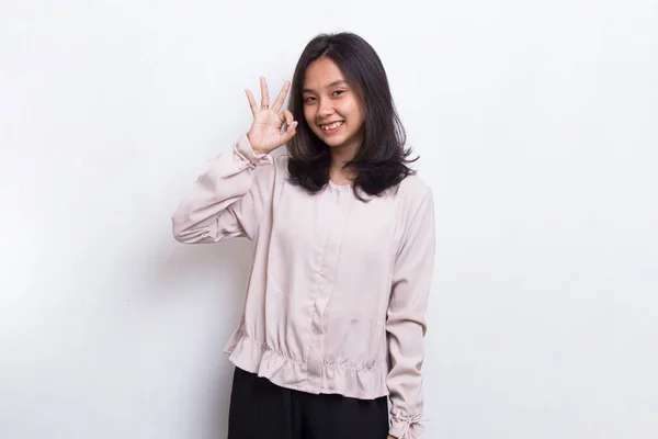 Jovem Asiático Bela Mulher Com Sinal Gesto Tumb Isolado Branco — Fotografia de Stock