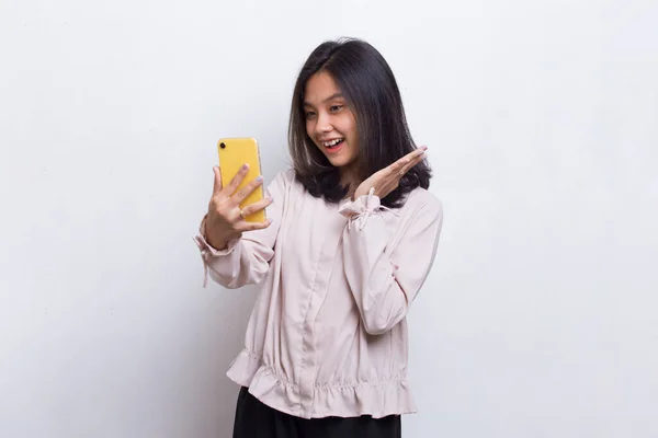 Happy Young Asian Beautiful Woman Using Mobile Phone Isolated White — Stock Photo, Image