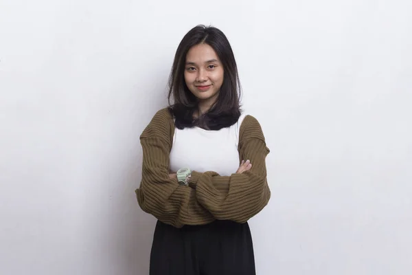 Retrato Bela Jovem Asiática Mulher Isolada Fundo Branco — Fotografia de Stock