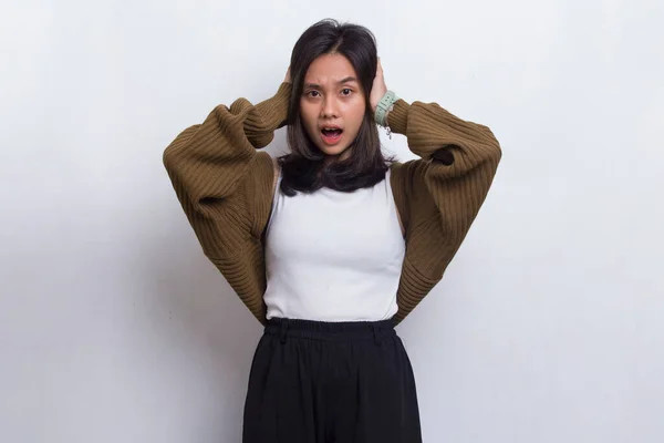 Young Asian Beautiful Woman Covering Both Ears Hands Isolated White — Stock Photo, Image