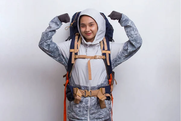 Junge Schöne Wanderin Asiatische Frau Mit Einem Rucksack Macht Starke — Stockfoto
