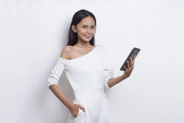 Happy Young Asian Beautiful Woman Using Mobile Phone Isolated White — Stock Photo, Image