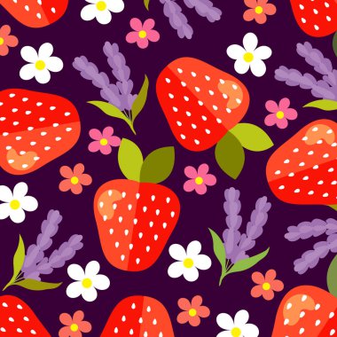 Çilekli ve çiçekli dutsuz düz desenli. Basit vektör illüstrasyonu.