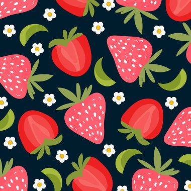 Çilekli ve çiçekli dutsuz düz desenli. Basit vektör illüstrasyonu.
