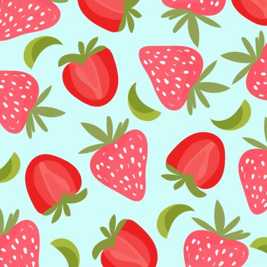 Çilekli ve çiçekli dutsuz düz desenli. Basit vektör illüstrasyonu.