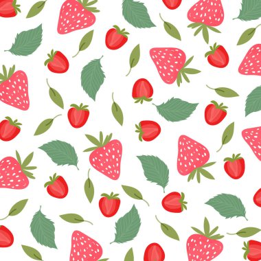Çilekli ve çiçekli dutsuz düz desenli. Basit vektör illüstrasyonu.
