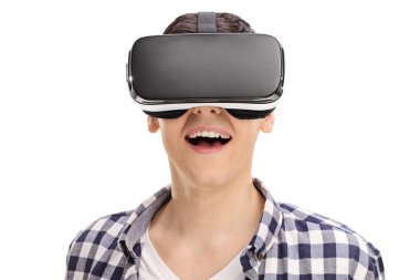 Neşeli adam Vr kulaklık kullanarak 