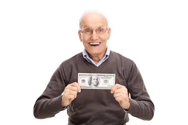 Senior gentleman med en hundredollarseddel – stockfoto