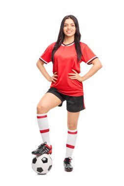 Bayan futbol oyuncu kırmızı bir Jersey 