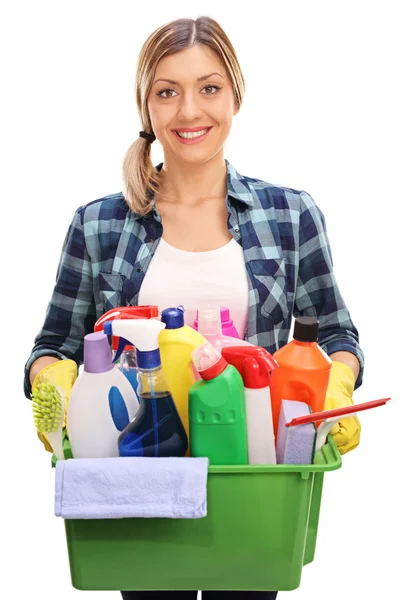 Woman holding bucket with cleaning products Stock Image