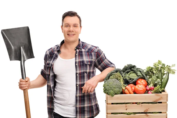 Junge Landarbeiterin mit Schaufel — Stockfoto