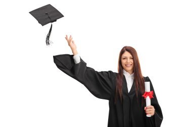 Joyful female graduate throwing hat  clipart