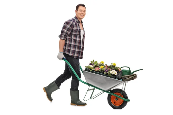 Giardiniere spingendo una carriola con fiori — Foto Stock