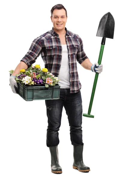 Gardener holding a shovel and flowers — Stock Photo, Image