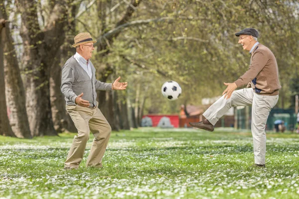 Homens seniores jogando futebol em um parque — Fotografia de Stock