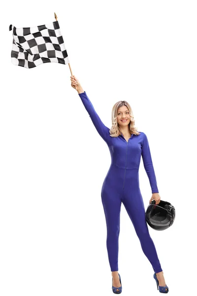 Woman waving a checkered race flag — Stock Photo, Image