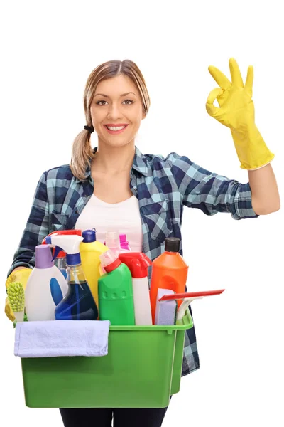 Housewife holding cleaning equipment — Stock Photo, Image