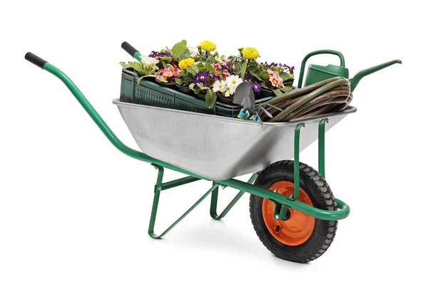 Carrinho de mão cheio de equipamento de jardinagem — Fotografia de Stock