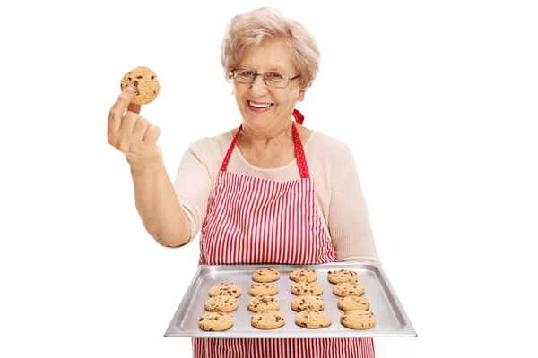 Señora mayor dando galletas de chispas de chocolate — Foto de Stock