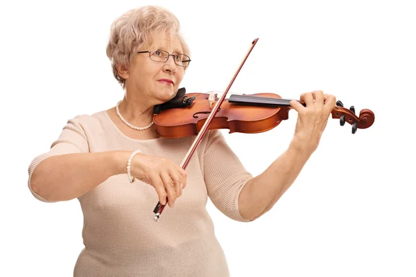 Reife Frau spielt akustische Geige — Stockfoto