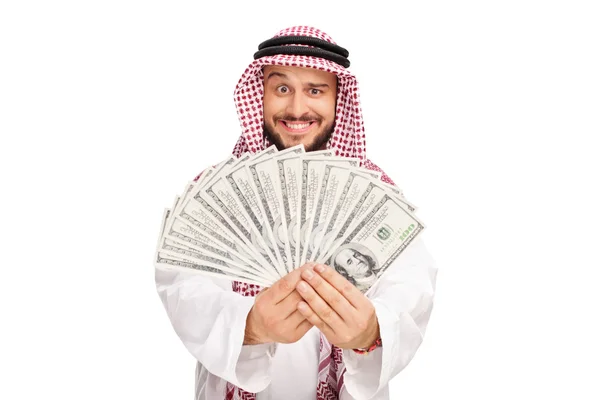 Vrolijke Arabische houden een stapel geld — Stockfoto