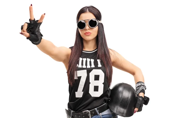 Biker girl making a peace sign — Stock Photo, Image