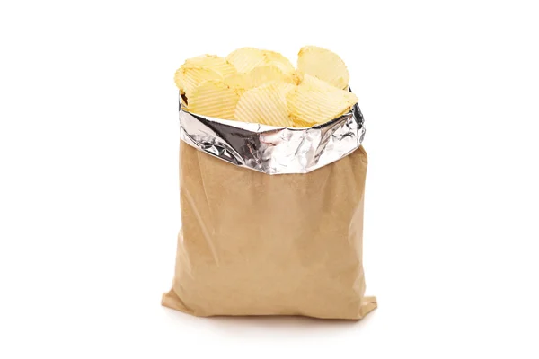 Brown bag full of potato chips — Stock Photo, Image